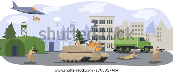 People\
in military camp base, soldiers in camouflage uniform at war with\
gun, militarian tank and airplane cartoon vector illustration.\
Military base and equipment, professional\
wartime.