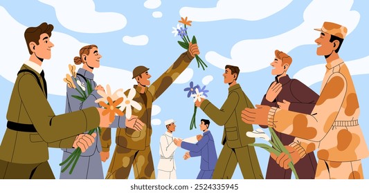 People in military uniform make peace. Concept of finish, stop war. Happy soldiers celebrate end of conflict, congratulate with victory. Men with flowers support, love. Flat vector illustration