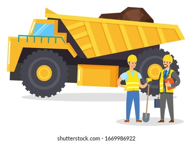 People, miners stand near big lorry with coal. Yellow industrial vehicle used to transport large amount of raw. Autotruck for cargo transportation. Vector illustration of mining industry in flat style