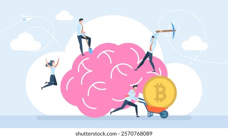People are mining cryptocurrency from their brains. Brainstorming. Creative thinking. Bitcoin coin digital cryptocurrency human brain. Big data information mining technology. Vector illustration