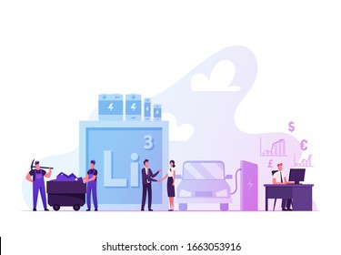 People Mining and Using Lithium for Life and in Business Concept. Miners Extracting Ore for Making Batteries for Technics and Vehicles, Trader Acting on Stock Market. Cartoon Flat Vector Illustration