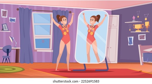 People mirror looking. Cartoon background with characters standing and self view in mirror exact vector illustration in cartoon style