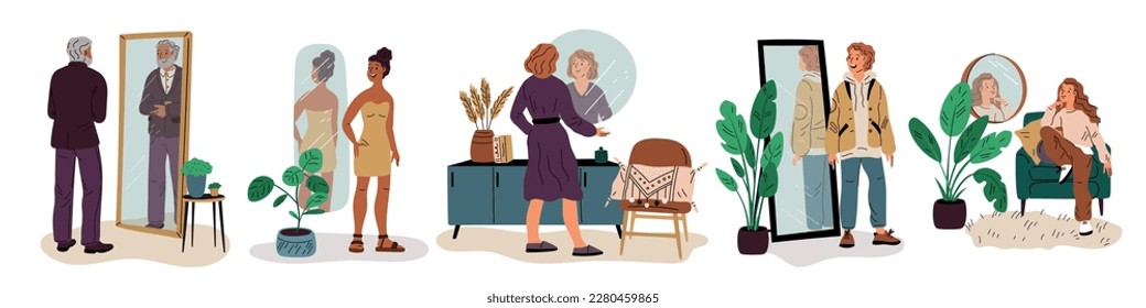 La gente se mira al espejo. Las personas lindas se consideran en reflexiones. Hermosos hombres y mujeres preparándose. Niña tratando de vestir. Un tipo con confianza. Aceptación de apariencia