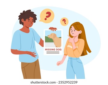 People with missing dog concept. Young guy show girl picture of his domestic animal. Pet run awya from owner. Information, notification and announcement. Cartoon flat vector illustration