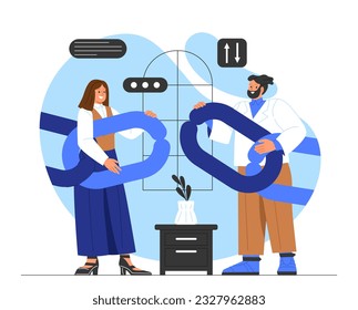 People with missing link concept. Wrong site or web page address. Correction of errors in code and technical support, IT specialists. Poster or banner. Cartoon flat vector illustration