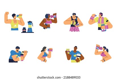 People mix and drink protein shakes and fitness gainers, flat cartoon vector illustration isolated on white background. Bodybuilders and athletes use sports supplements.