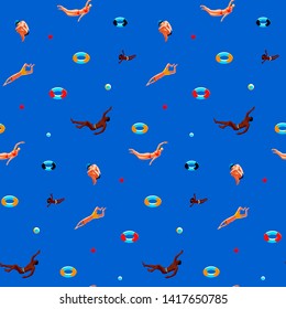 People mixed race swimming in pool with lifebuoys and balls. Swimmers in water. Summer sea or ocean diving enjoy activity. Seamless pattern vector illustration.