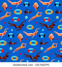 People mixed race swimming in pool with lifebuoys and balls. Swimmers in water background. Summer sea or ocean diving enjoy activity. Seamless pattern vector illustration.