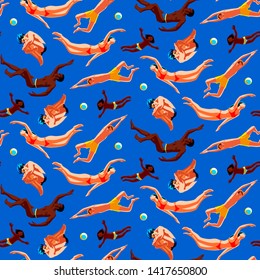 People mixed race swimming in pool with balls. Swimmers in water background. Summer sea or ocean diving enjoy activity. Seamless pattern vector illustration.