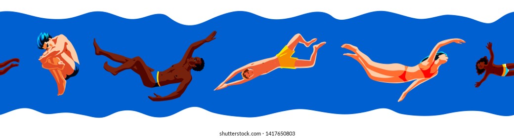 People mixed race are swimming in a river. Swimmers in water endless border vector illustration. Summer sea or ocean diving enjoy activity.