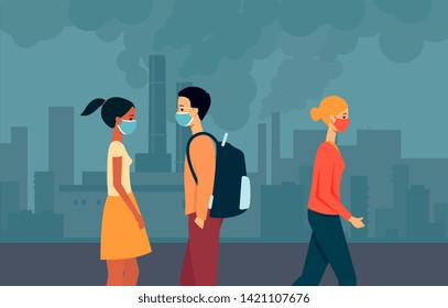People of mixed races, men and women walk in masks around the city with polluted air, environmental problems, vector illustration.