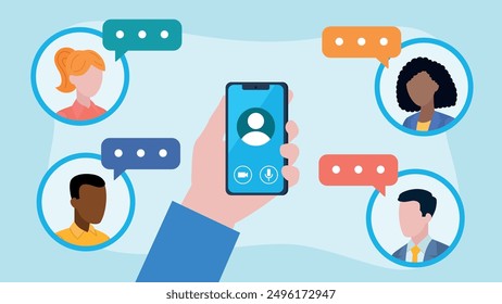 People mobile conversation. Hand with phone. People Avatars with speech bubbles. Group chat, office or education. Technology, modern, data, opinion. Flat design vector.