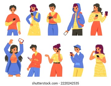 People Mobile Conversation And Networking. Teen Talk Phones, Young Adults Looking In Smartphone. Digital Business, Guy Girl Chatting. Snugly Vector Smart Characters