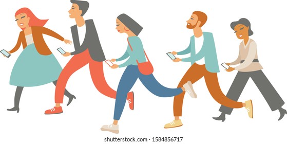 People with mobile gadgets flat style vector illustration 