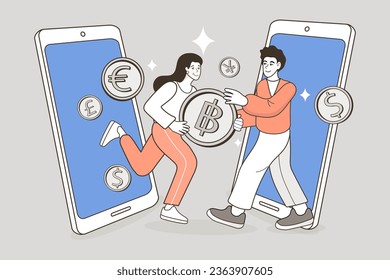 People with mobile payment outline. Two smartphones and man giving giant coin to woman. Concept of secure mobile payment, money transfer service, transaction. Foreign currency exchange. vector