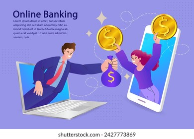 People with mobile payment. smartphones and man giving giant coin to woman. Concept of secure mobile payment, money transfer service, transaction. Foreign currency exchange. Mobile banking. vector