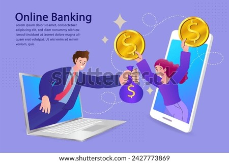 People with mobile payment. smartphones and man giving giant coin to woman. Concept of secure mobile payment, money transfer service, transaction. Foreign currency exchange. Mobile banking. vector