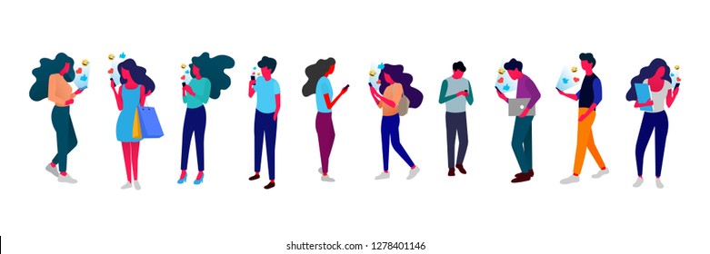 People With Mobile Phone. Big Flat Illustration Set - Vector