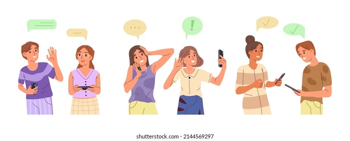 People with mobile phone, girl and boys talking using cellphone. Teen couples chatting with each other vector symbols illustrations set. Girls and boys using smartphones
