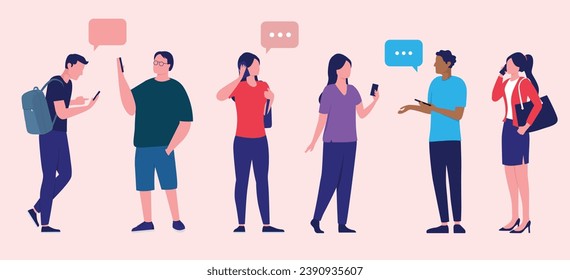 People with mobile phones in hand collection - Set of vector illustrations with various characters using smartphone, looking at screen and talking with speech bubbles in flat design graphic