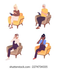 People with mobile phones and headphones semi flat color vector characters set. Editable full body figures on white. Simple cartoon style spot illustration for web graphic design and animation