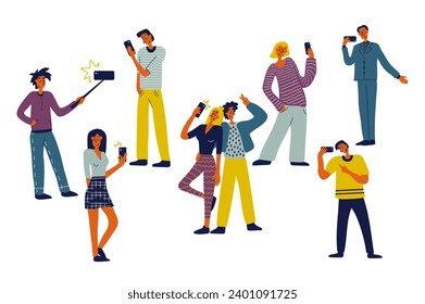 People with mobile phones set in flat character design for web. Bundle persons of different women and men work using smartphones, doing selfies, shooting photos, chatting online. Vector illustration.