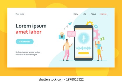 People with mobile phones using smart voice assistant software. Man and woman near screen with microphone and soundwaves. For sound recording, app interface, ai technology concept