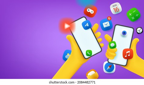 People with mobile phones. Vector banner with copy space