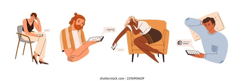 People with mobile phones wait for calls, online messages. Sad unhappy men, women with smartphones texting, expecting, hoping for smth. Flat graphic vector illustrations isolated on white background