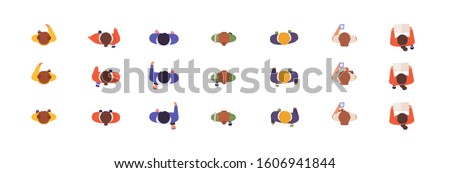 People models top view flat vector illustrations set. Animation poses, online game development, characters creation concept. Virtual men and women samples isolated on white background.