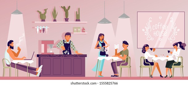 People in modern Cafe Shop drinking coffee drink, have a rest, enjoy free time. Male barista makes beverage, Pretty waitress serves coffee.  Flat Art Vector illustration