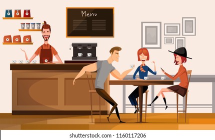 People in modern coffee shop or cafe in Center University Campus Modern Workplace Interior Flat Vector Illustration.