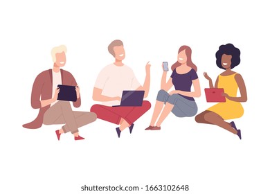 People with Modern Digital Gadgets, Men and Women Sitting and Communicating with Smartphone, Tablet, Laptop Flat Vector Illustration