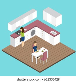 people in the modern kitchen Isometric 3D vector. illustration EPS10.