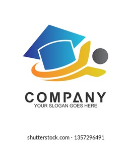 people with modern swoosh and graduation cap for education logo, science and knowledge, smart icon, creativity vector logo