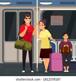 People in modern underground train with baggage. Passengers inside metro cabin on commute. Men and woman sitting and standing in city public transport, travelling subway vector illustration.