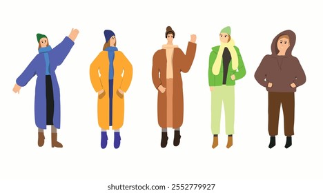 Personas en Ropa moderna de invierno Abrigos, chaquetas, bufandas y sombreros, Ilustración vectorial plana