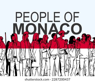 People of Monaco with flag, silhouette of many people, banner of diversity or protest in Monaco, group of person, society and audience concept, gathering idea