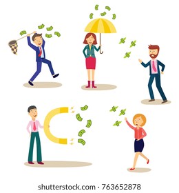 People with money attracting magnet, under banknote rain with umbrella, running after flying dollar with butterfly net, banknotes flying away, cartoon vector illustration isolated on white background