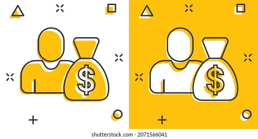 People with money bag icon in comic style. Businessman bag cartoon vector illustration on white isolated background. Bank splash effect business concept.