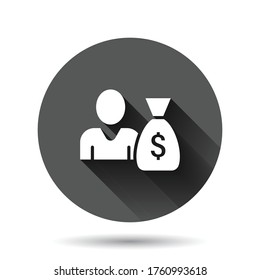 People with money bag icon in flat style. Businessman bag vector illustration on black round background with long shadow effect. Bank circle button business concept.