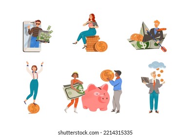 People with Money Coins and Dollar Banknotes as Financial Success Gaining Vector Illustration Set