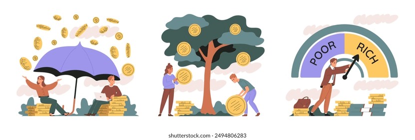 People and money. Concept of financial enrichment, prosperity, increased income. Vector flat illustration.