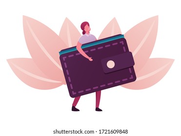 People and Money Concept. Tiny Woman Carry Huge Purse Full of Cash and Credit Cards. Female Character Enjoy Finance Success, Saving Euro and Dollars Currency in Wallet. Cartoon Vector Illustration