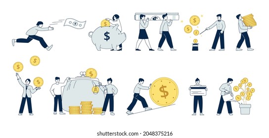 People with money. Earn and profit, man collect cash. Economy business, woman hold coins. Payment and fund, financial recent vector characters