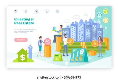 People with money investing in real estate vector, woman and man with coins and infocharts, banking and profit out of construction of houses. Website or webpage template, landing page flat style