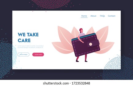 People and Money Landing Page Template. Tiny Woman Carry Huge Purse Full of Cash. Female Character Enjoy Finance Success, Saving Euro and Dollars Currency in Wallet. Cartoon Vector Illustration