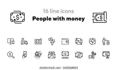 People with money line icon set. Set of line icons on white background. Money concept. Finance, banknotes, business. Vector illustration can be used for topics like economy, banking, business