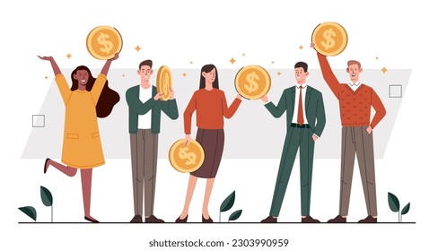 Gente con dinero. Hombres y mujeres con monedas de oro en las manos. Equipo de inversionistas o empresarios exitosos y ricos. Chicas y chicas ricas con dinero. Dibujo vectorial plano de dibujos animados