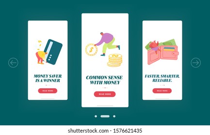 People and Money Mobile App Page Onboard Screen Set. Woman with Huge Purse. Business Man Use Credit Card, Rolling Huge Golden Coin Concept for Website or Web Page, Cartoon Flat Vector Illustration